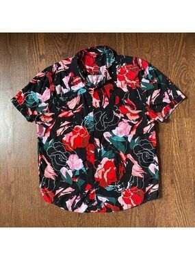 Guess Floral Button Up Shirt Black Red Short Sleeve Size XL Summer Vacation Reso